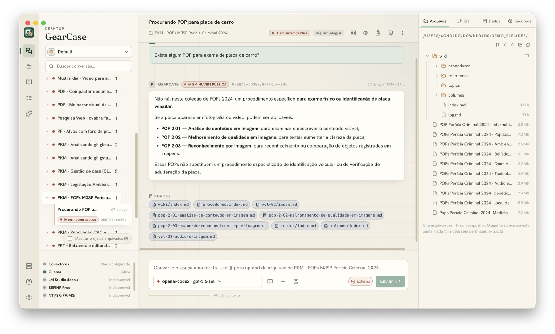 Resposta do GearCase sobre procedimentos, com a seção Fontes listando as páginas da wiki consultadas.